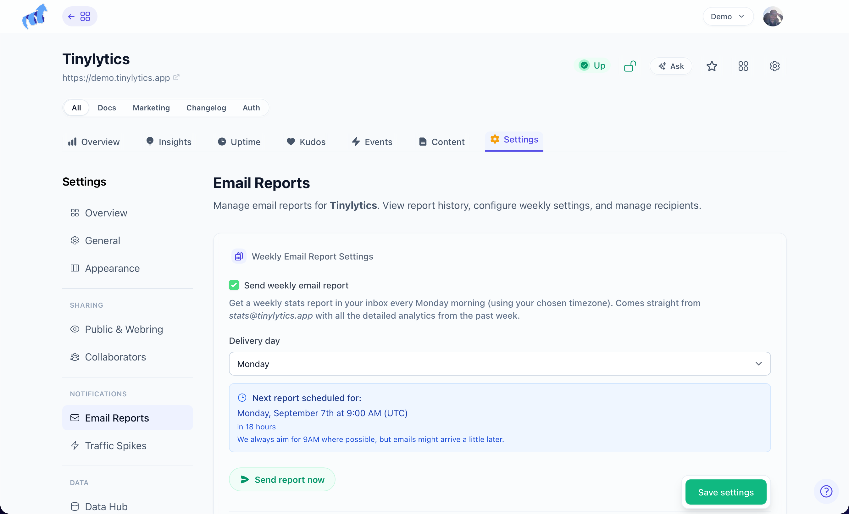 Weekly email report settings