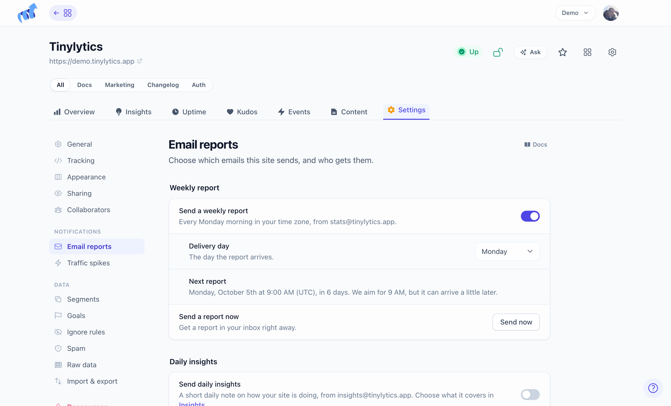 Weekly email report settings