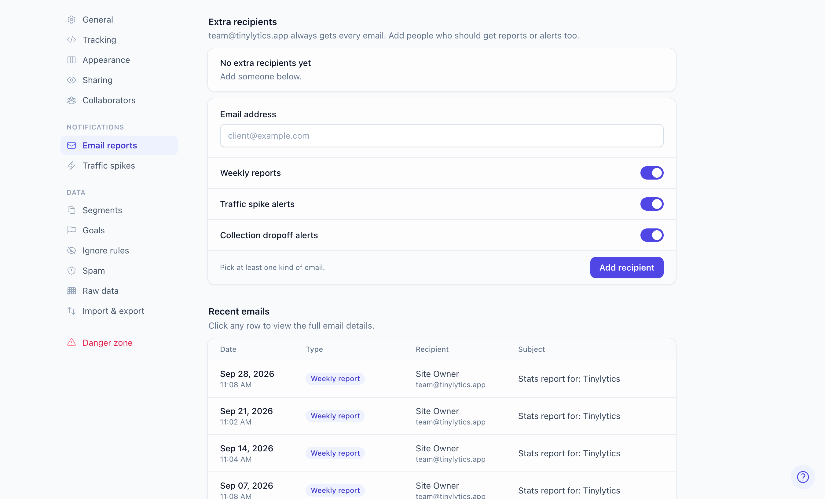 Report recipients and recent emails
