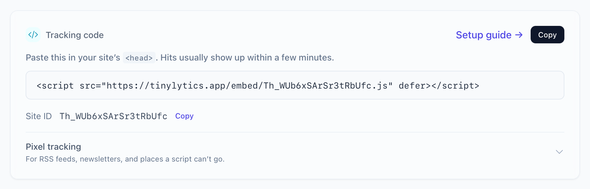 Tracking code in Settings