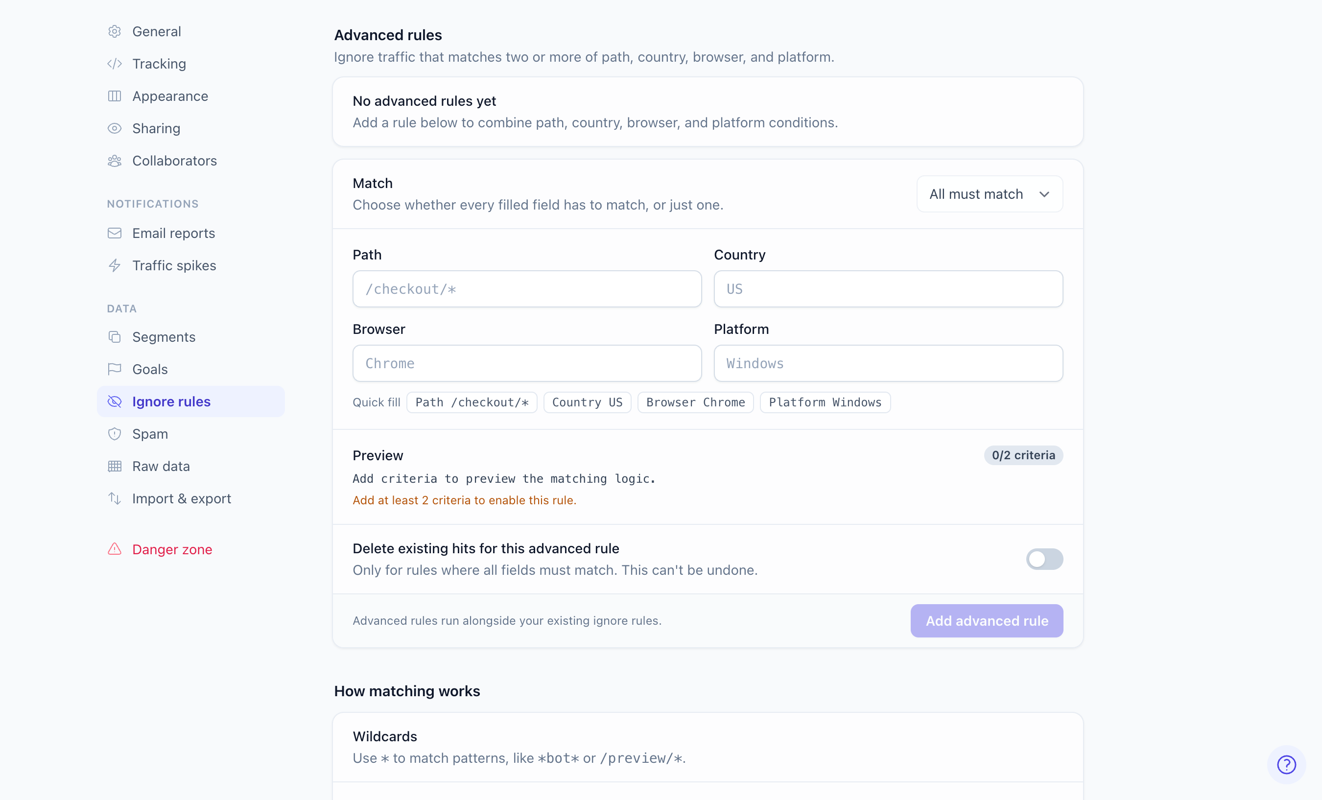 Advanced ignore rule builder