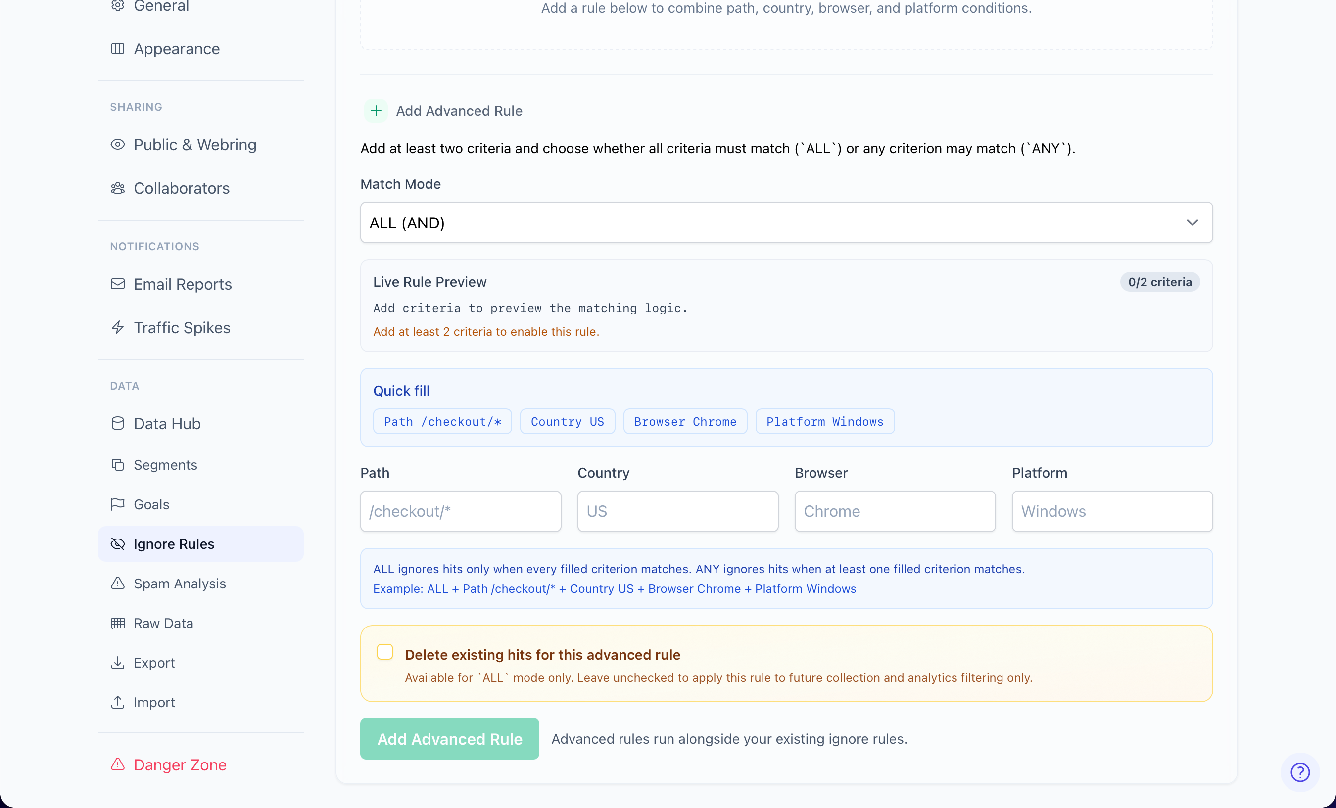 Advanced ignore rule builder