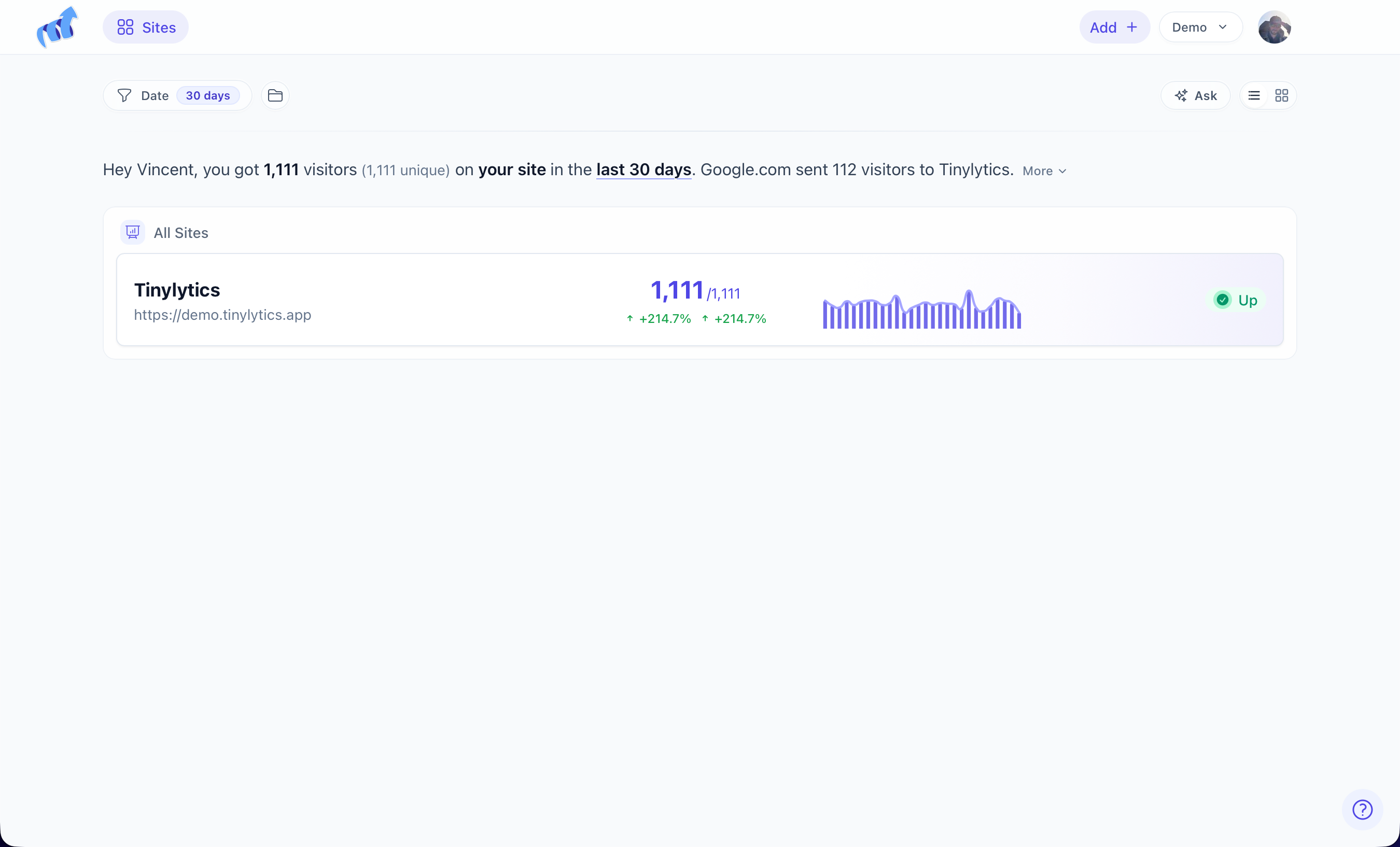Sites list with Add in the top right