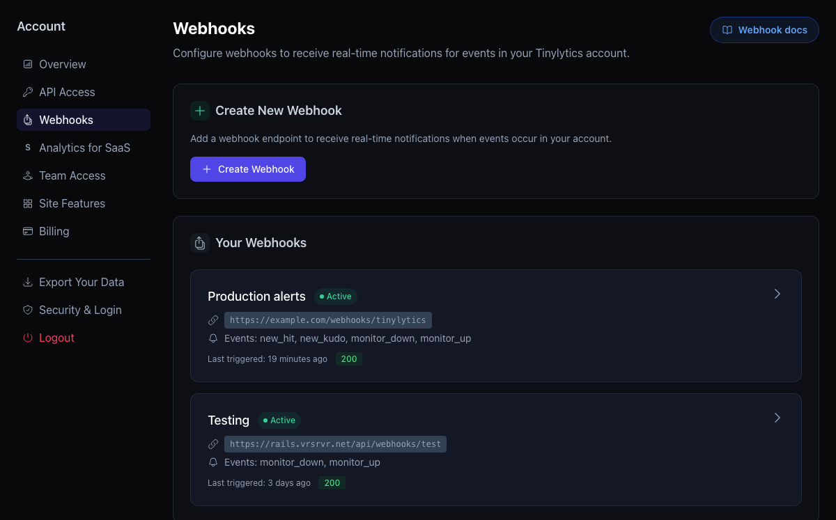 Tinylytics webhooks settings showing an active production alerts webhook