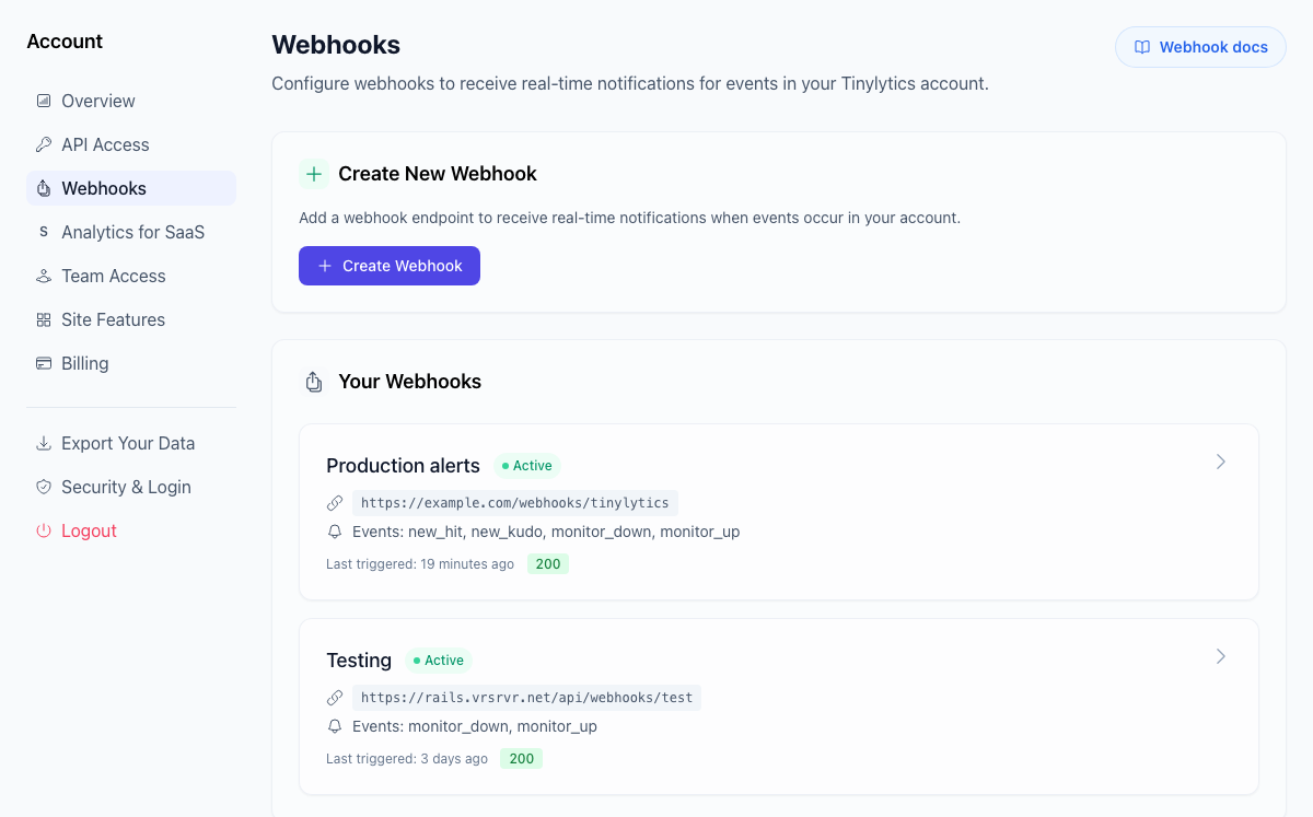 Tinylytics webhooks settings showing an active production alerts webhook