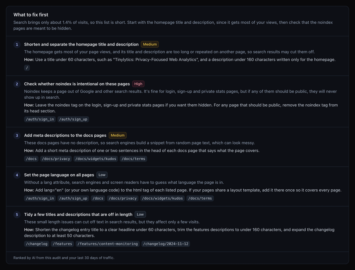 Tinylytics SEO audit with a ranked fix list, issue counts, and audited pages