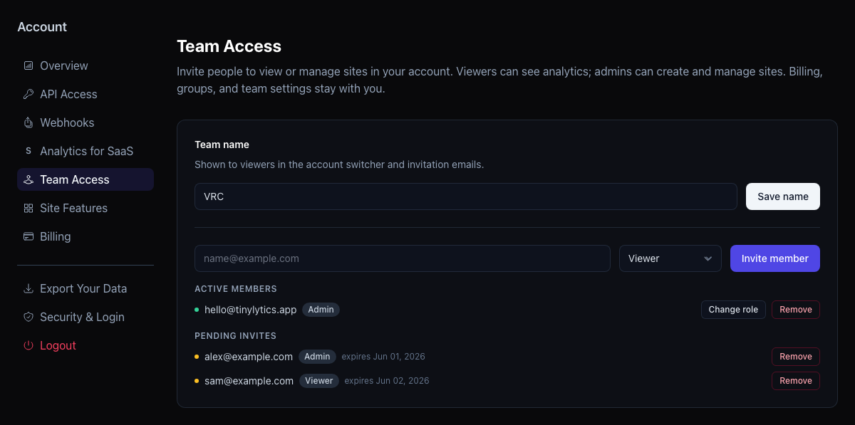 Tinylytics team access settings with invitation and pending invite controls