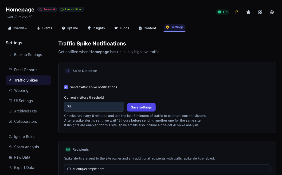 Tinylytics traffic spike notification settings with threshold and recipient controls