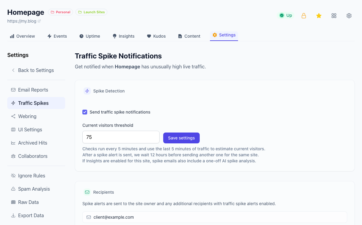 Tinylytics traffic spike notification settings with threshold and recipient controls