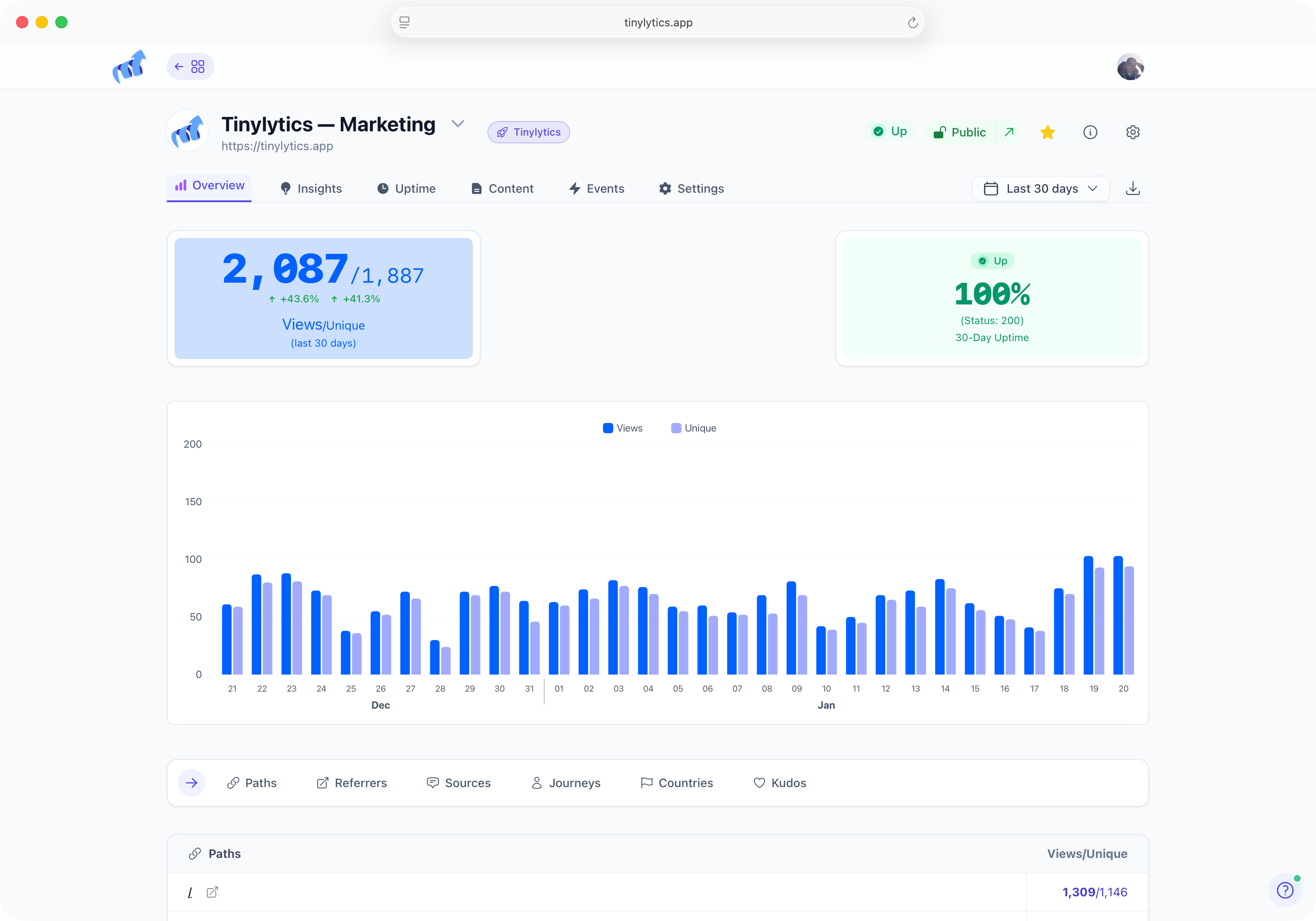 Tinylytics analytics dashboard showing visitor statistics and insights