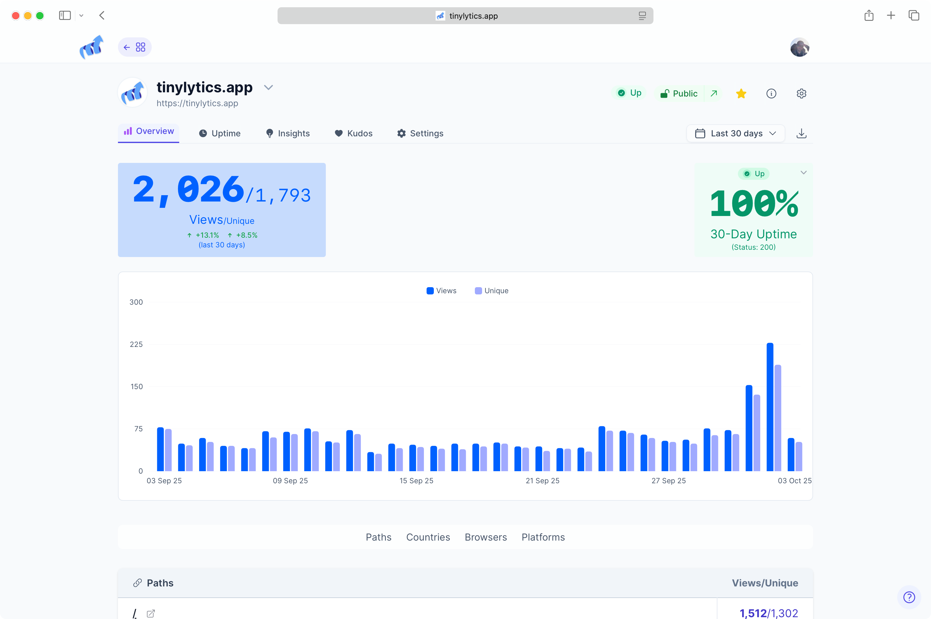 Tinylytics analytics dashboard showing visitor statistics and insights