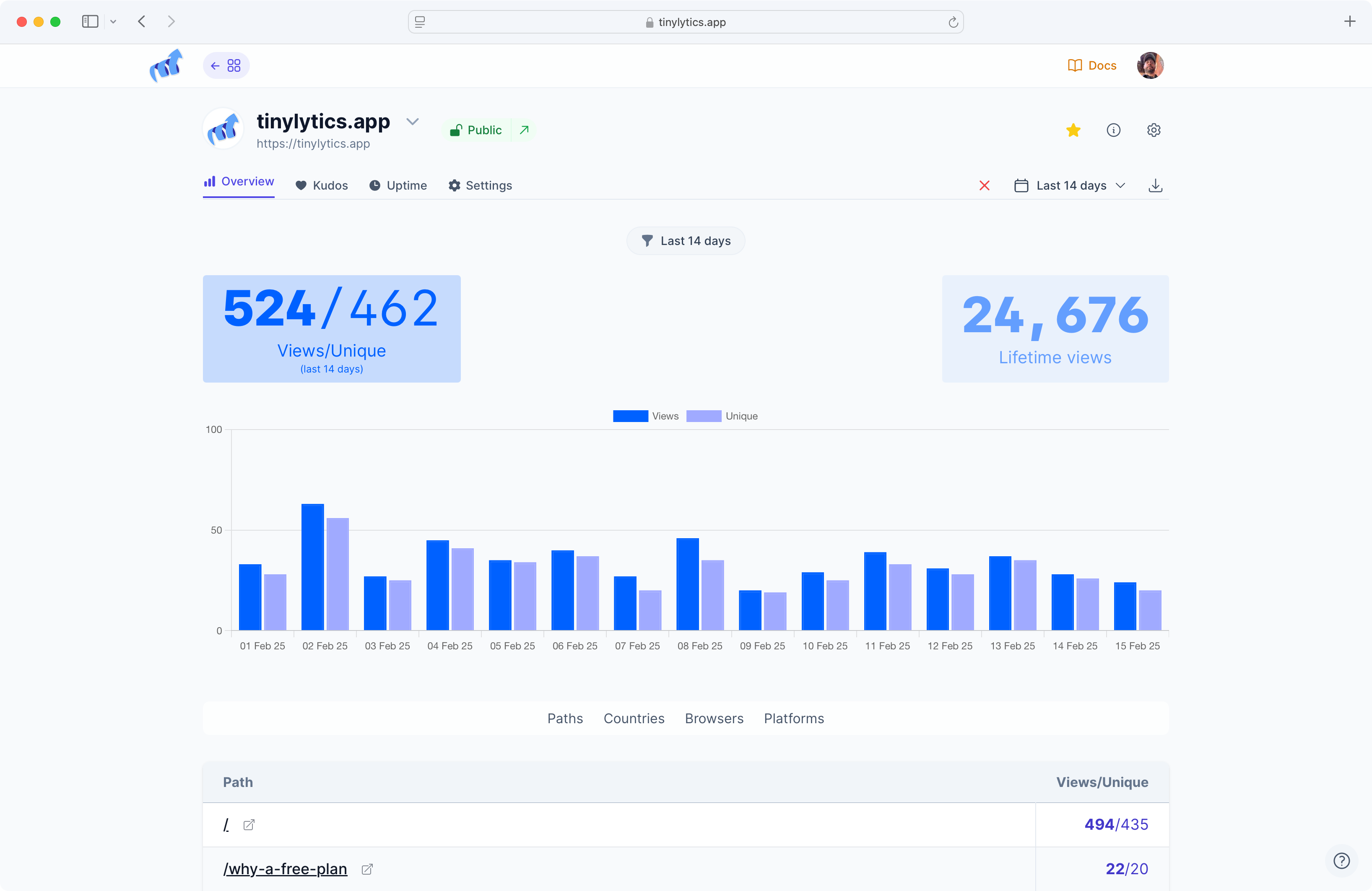 Tinylytics analytics dashboard showing visitor statistics and insights