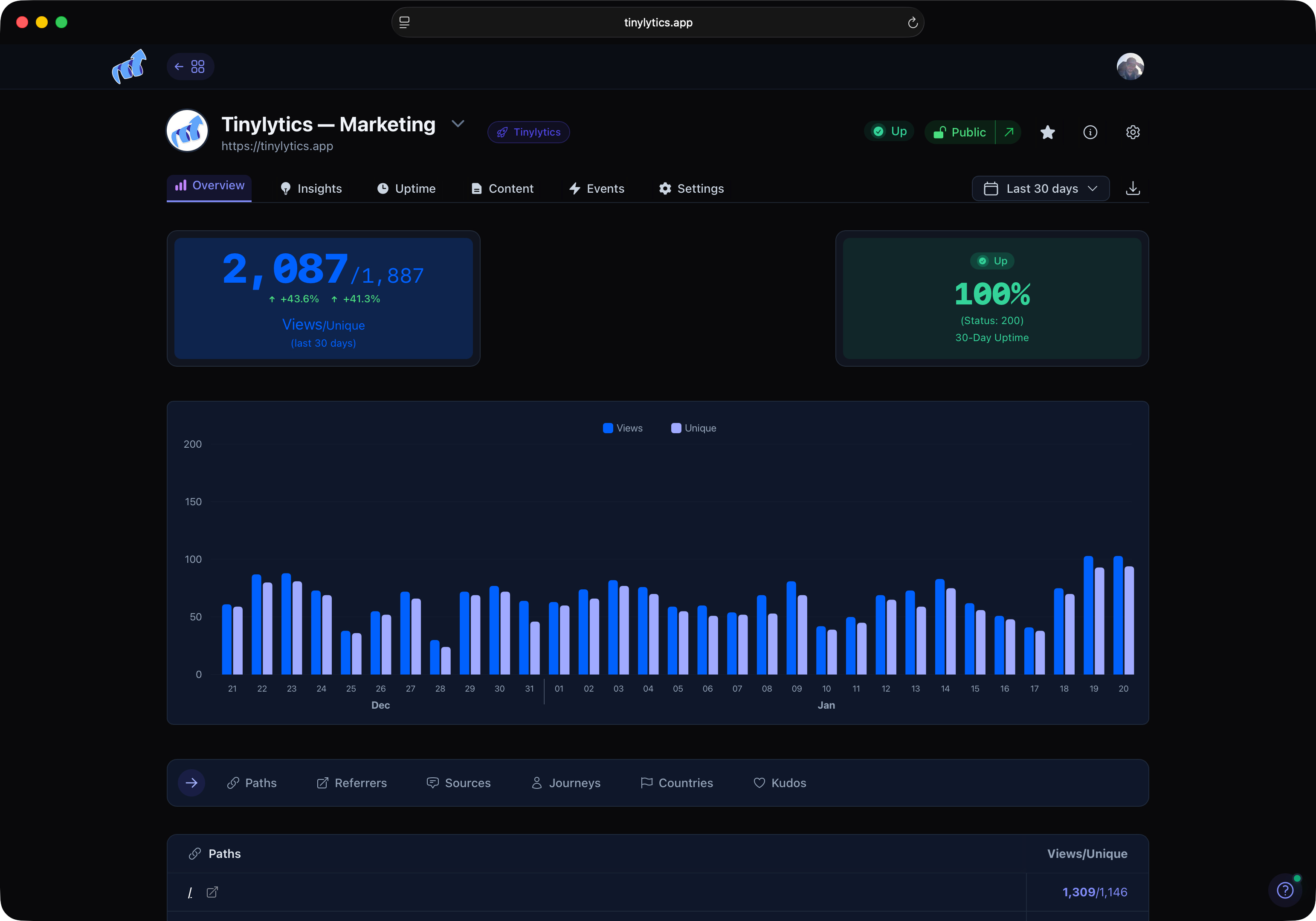Tinylytics analytics dashboard in dark mode showing visitor statistics and insights