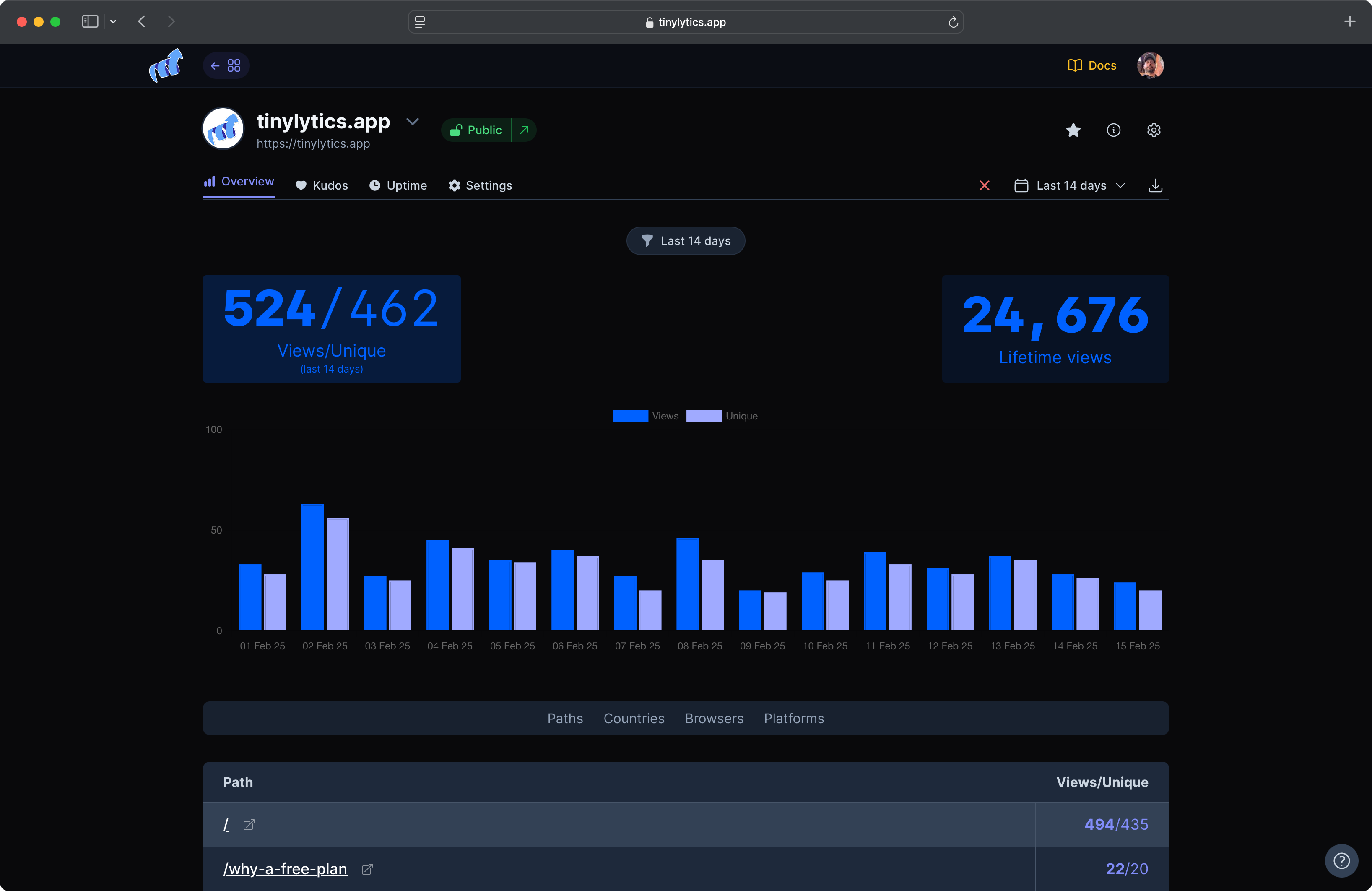 Tinylytics analytics dashboard in dark mode showing visitor statistics and insights